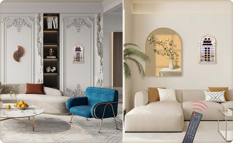 12V Azan Mosque Calendar Muslim Prayer Wall Clock Alarm Islamic Mosque Azan Calendar Ramadan Home Decor Religious Ornaments with Remote Control golden Plastic