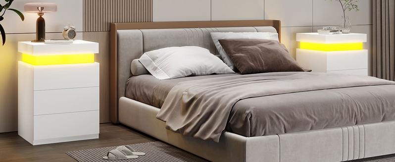 Sikaic Nightstand With Sliding Top Charging Station And LED Lights Furniture Bedroom Modern Design Bedside Table Drawer Home