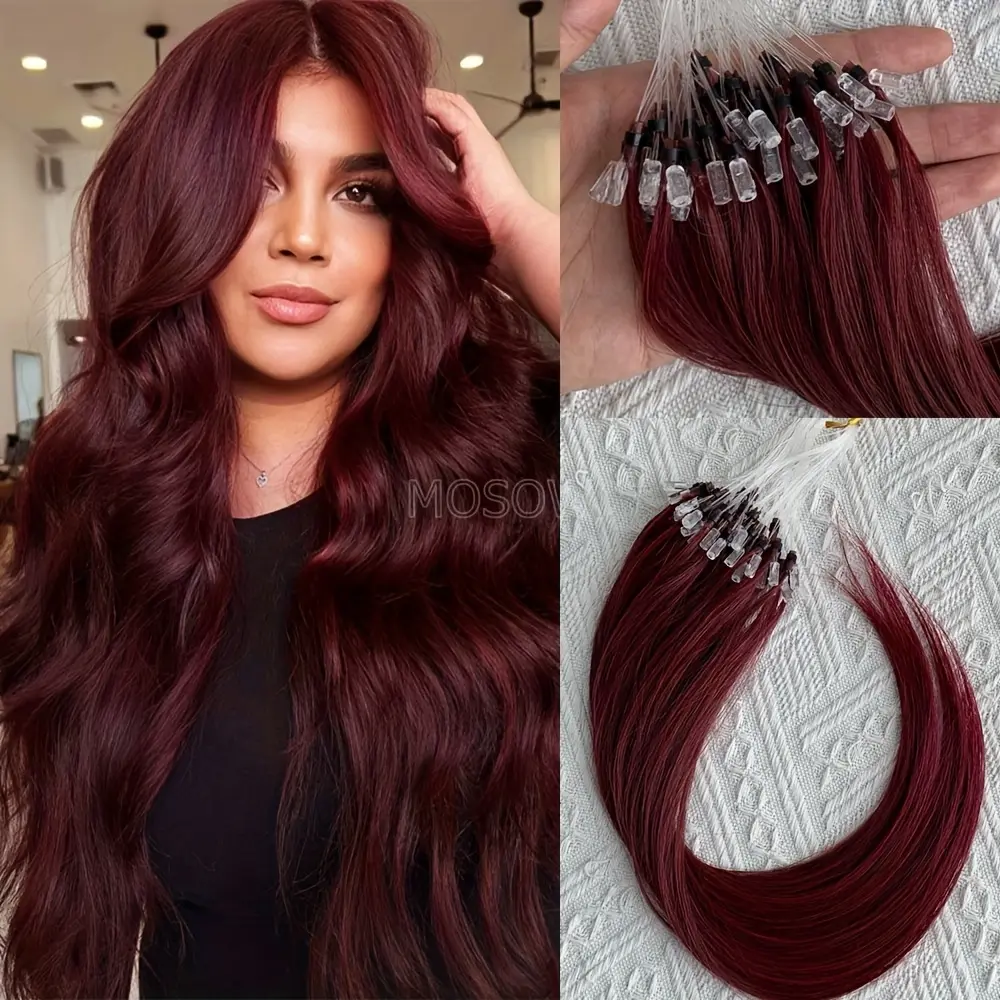 50Pcs Cherry‑Red Micro‑Link Real Human Hair Extensions for Caucasian Women, 12‑20 Inch Natural Straight Loop‑Ring Hair Pieces, Elegant Burgundy Tones, Damage‑Seamless‑Blending Design for Sleek‑Looking Volume & Length Hairstyle Upgrades