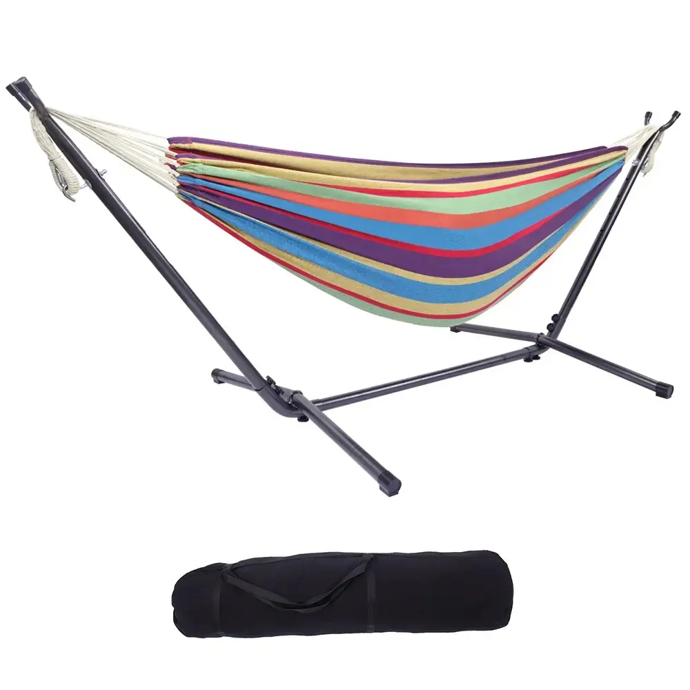 Portable Double Cotton Fabric Hammock with 9FT Sturdy Foldable Stand Set, 250lb Capacity, Carry Bag, Modern Home Decor for Backyard Adult Outdoor Relaxation
