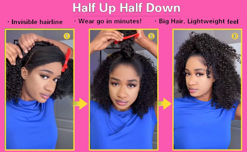 [3 In 1 Half Wig ]Tahikie Kinky Curly Half Wig Human Hair Cheap Wig Flip Over Wand Curly Half Wigs Beginner Friendly Comfortable Fit Vacation Hair Glueless Kinky Curly Wigs Human Hair Drawstring Headband Wig For Women Summer Wigs TikTokShopBlackFriday