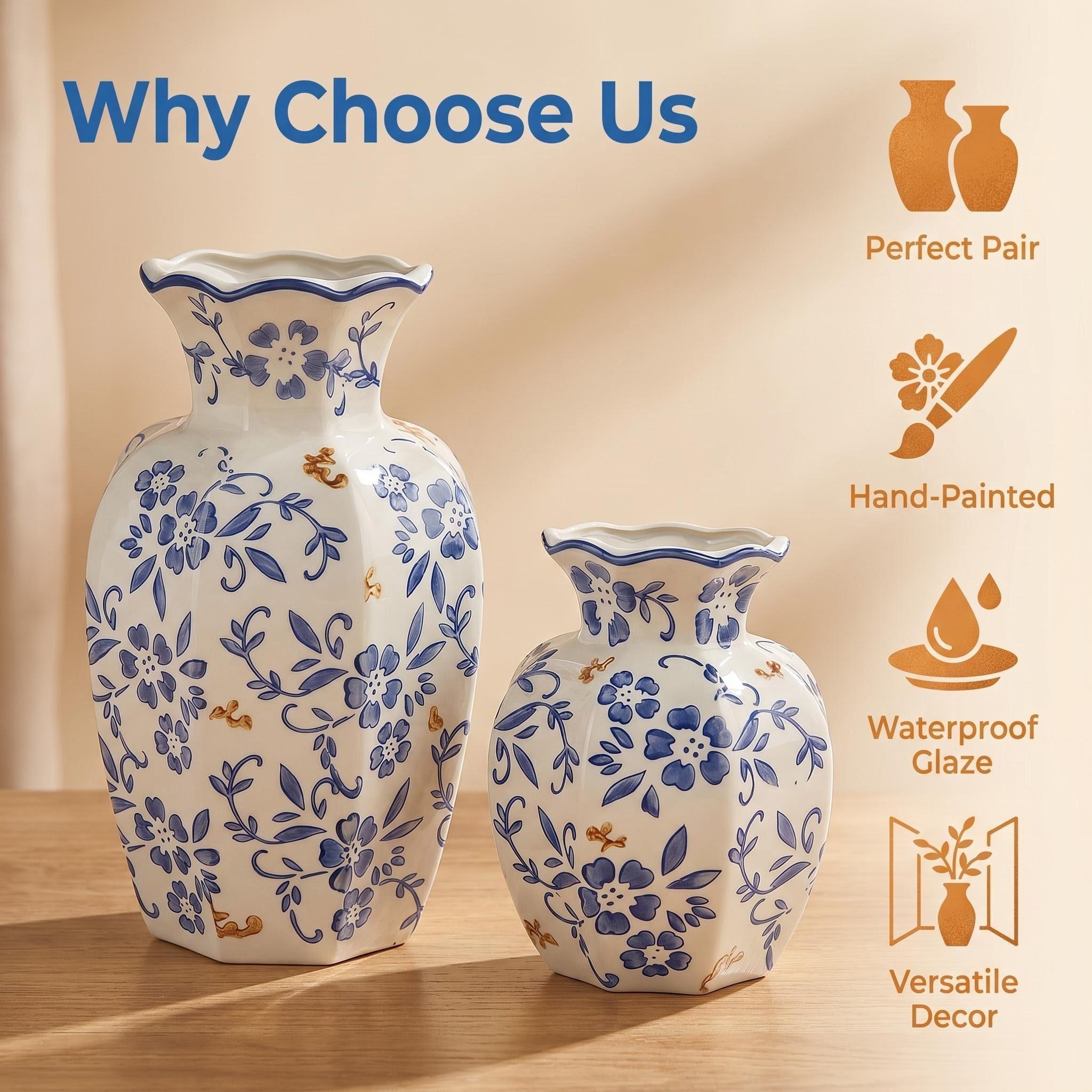 Vintage Oriental Blue And White Porcelain Vase Set of 2, Hand Painted Floral Ceramic Vases Large & Small Matching Design, Chinese Style Tabletop Flower Vase for Living Room Entryway Bedroom Farmhouse Home Decor, Perfect Housewarming Gift