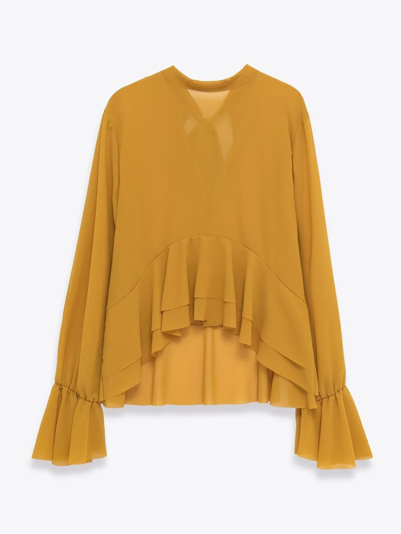 Women's Simple Round Neck Long Sleeve Shirt, Layered Decoration, Adjustable Bow Back, Asymmetric Hem, Wrinkled Pure Color Top, Blouse