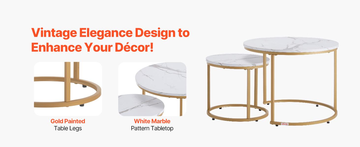 VEVOR Nesting Coffee Table Set of 2, 23.6 in Round Coffee Table, Nesting Tables for Small Place, Vintage End Side Tables Night Stand with Metal Frame, for Living Room, Bedroom, Office (White Gold)