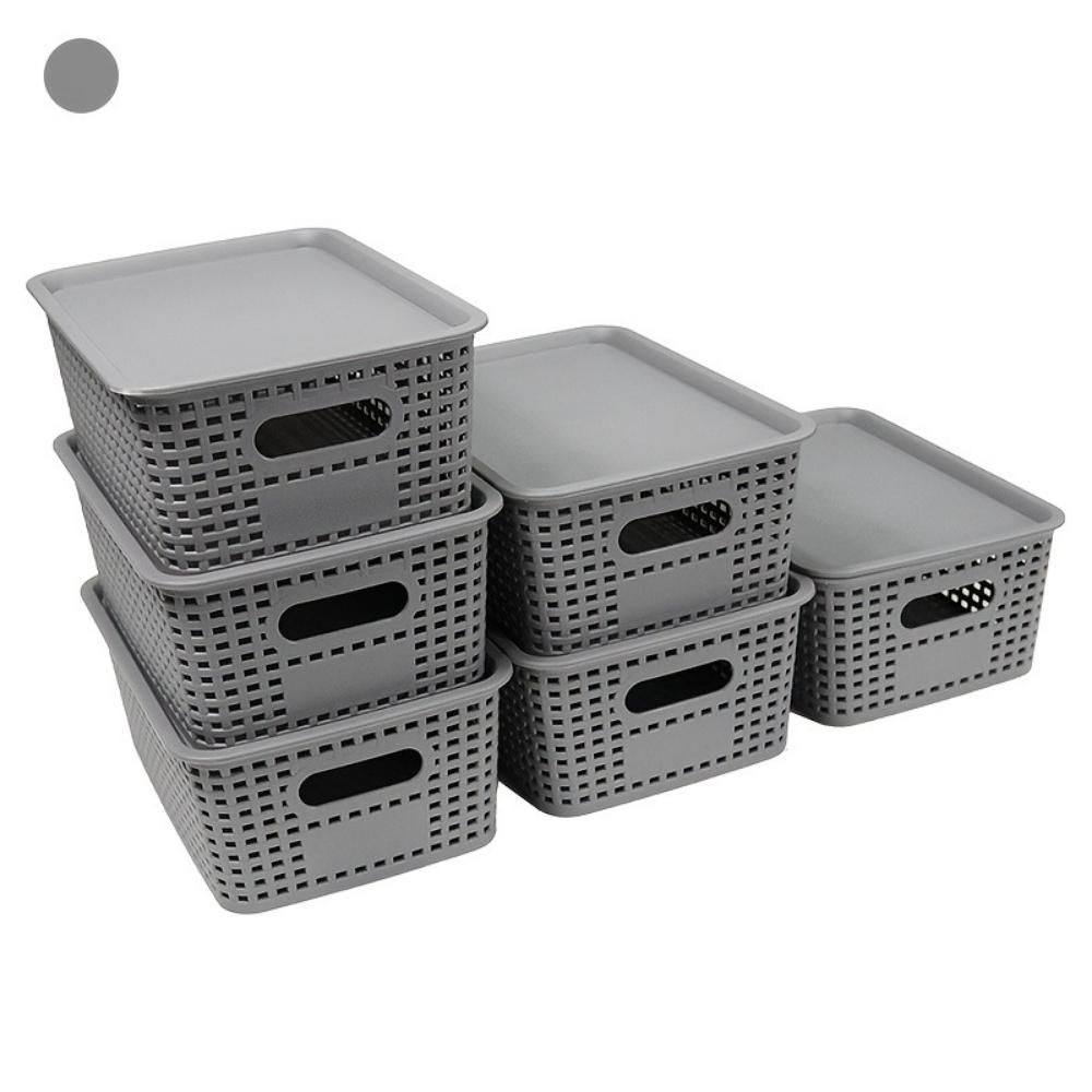 6-Piece Set of Plastic Storage Baskets with Lids (Black/White/Gray) — Stackable Decorative Organizer Bins for Shelves, Drawers, Desktops, Closets, Playrooms, Classrooms, and Offices