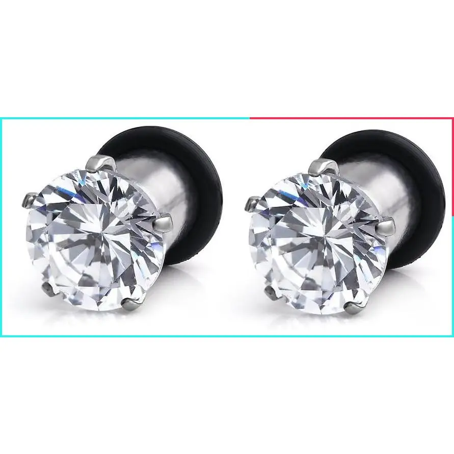 316L Surgical Steel Single Flare Ear Stretcher Expander Plugs with Clear CZ Prong Setting and O-Ring - Sold as a Pair