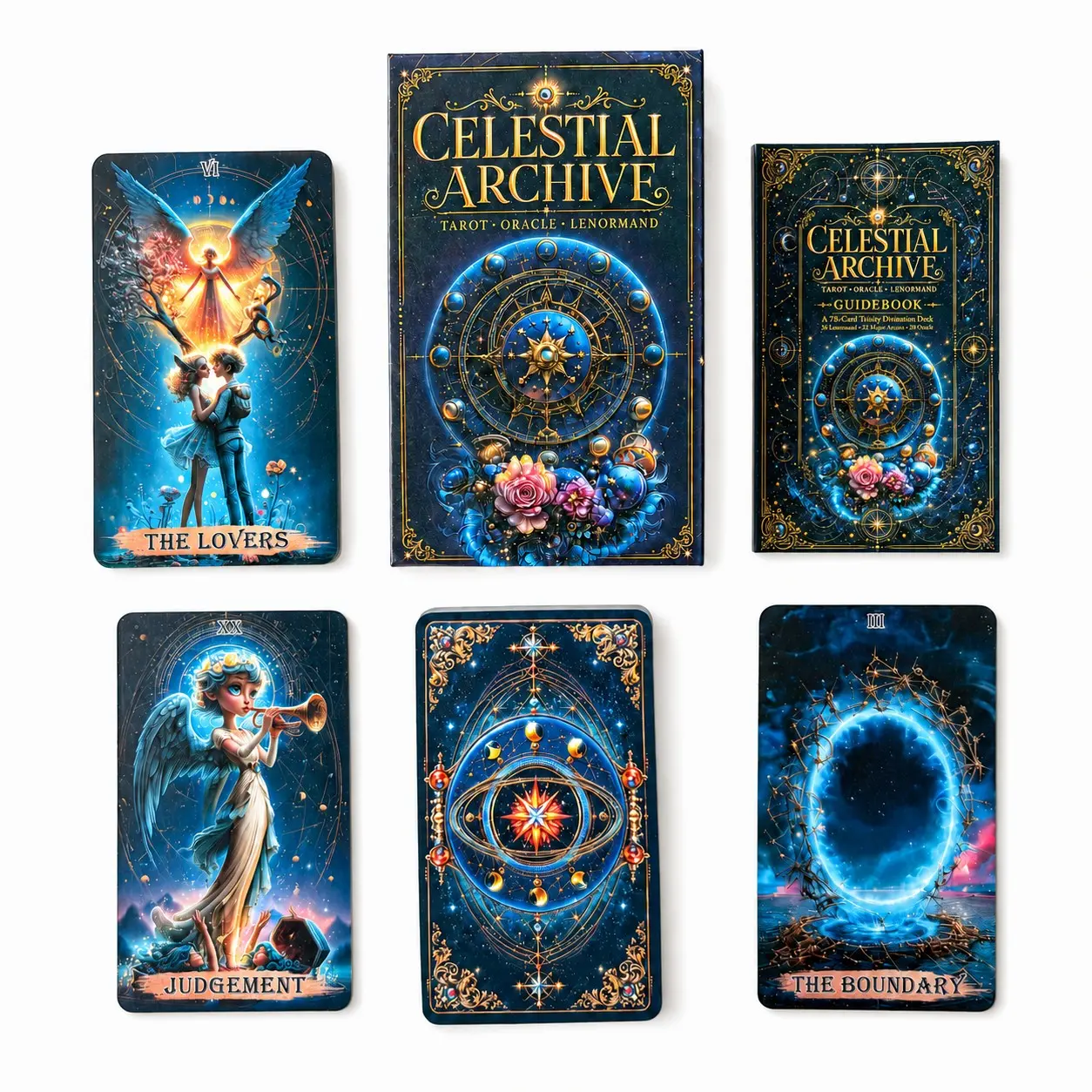Celestial Archive Tarot Oracle Lenormand Cards, 78-Card Trinity Divination Deck with 36 Lenormand Cards, 22 Major Arcana Cards and 20 Oracle Cards, Celestial Card Deck for Intuitive Reading and Spiritual Guidance