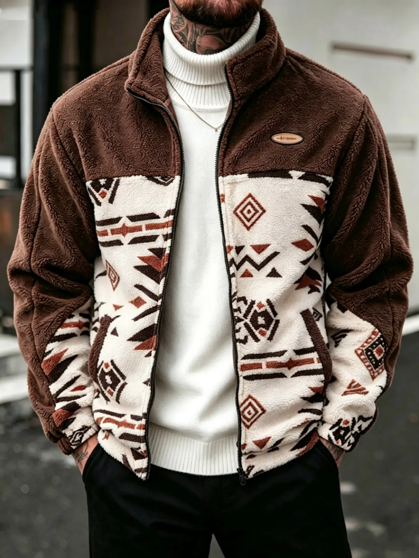 Men Ethnic Geometric Patchwork Plush Zip-Up Jacket, Thick Thermal Fuzzy Stand-Collar Coat, Vintage Western Streetwear for Camping, Winter Outdoor Wear, Fashion Jacket