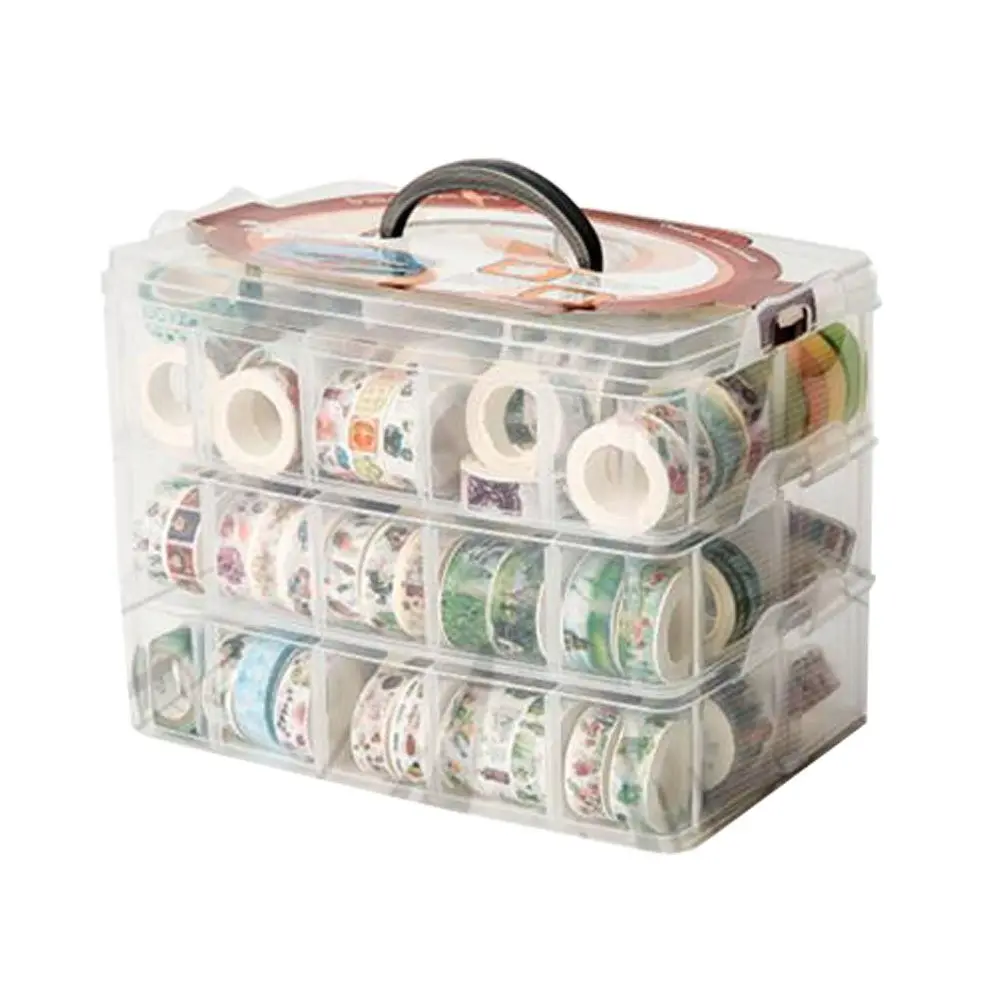 Clear Washi Tape Organizer with 30 Adjustable Compartments, Desktop & Drawer Masking Tape Storage Box with Tape Cutter and Finger-Safe Dispenser for DIY Sticker RollsGift