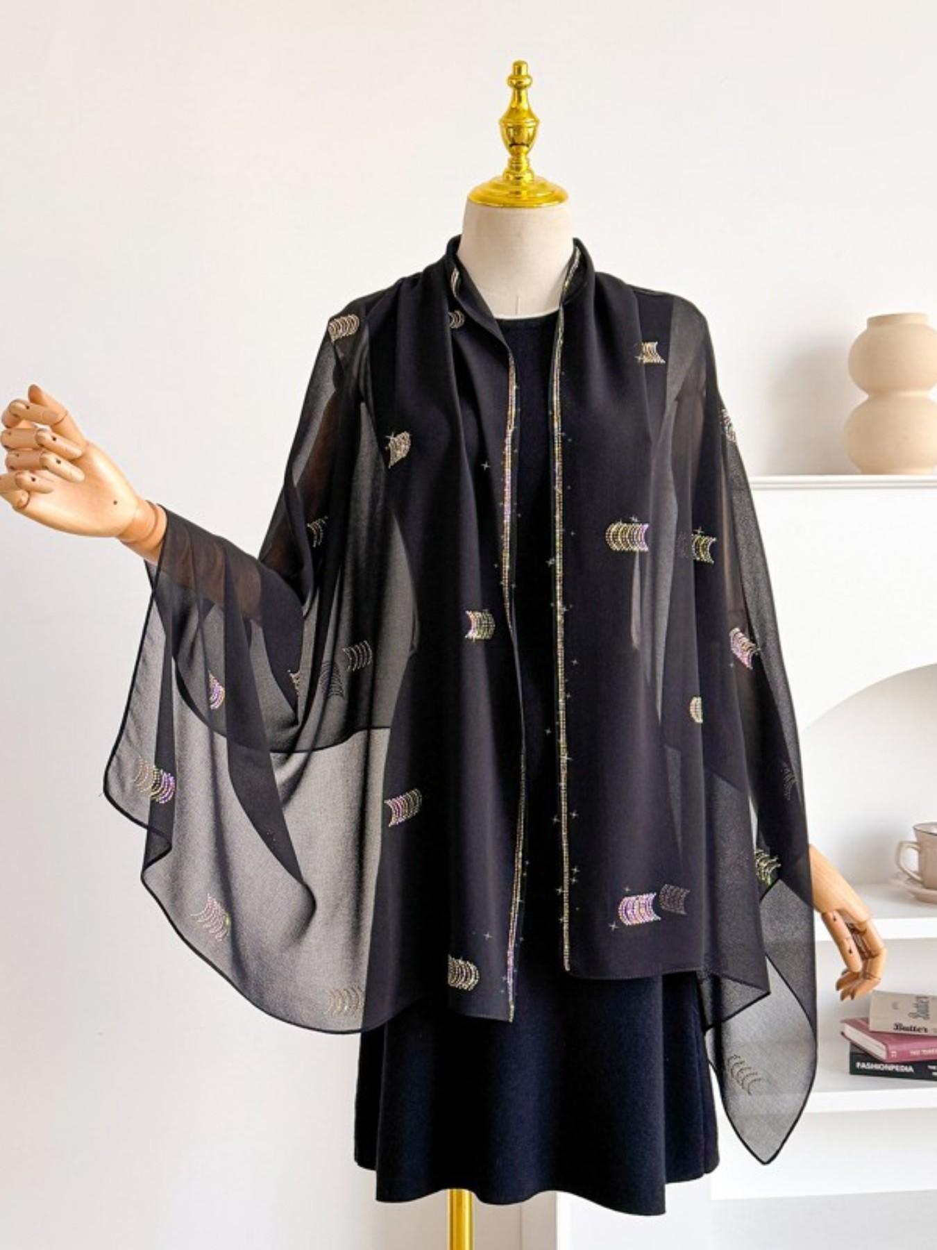 Single Piece Multi-Functional Plain Color New Arcuate Rhinestone Chiffon Long Scarf, Pearl Embellished Sun Protection Shawl, Ethnic Headscarf