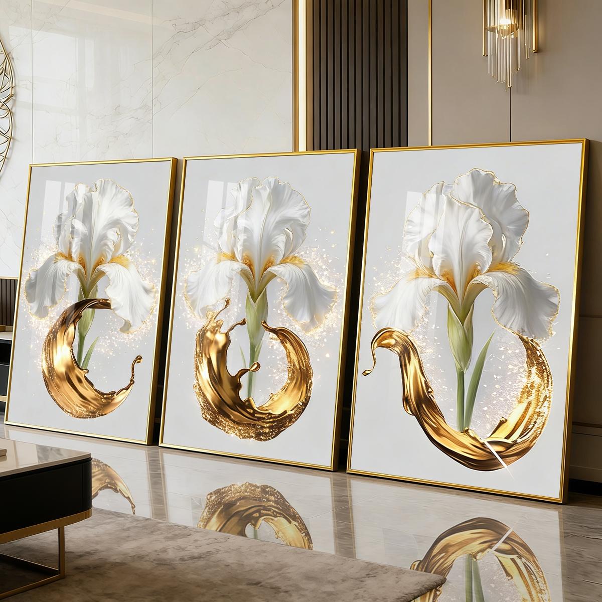 3 Counts Aluminum Alloy Framed Painting, Elegant White Iris And Golden Splash Art Pictures, Home Decoration For Living Room, Bedroom, Office, Restaurant, Hallway Wall Decor, Odorless Print Artwork, Luxury Perfect Gift For Friends And Family