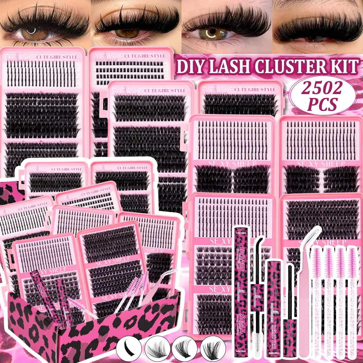 Lash Clusters Kit, Eyelash Extensions, Dramatic/Volume/Full/Spikes/Fluffy/Bottom Lashes, Waterproof Lash with Everything You Need for Beginners & Pros, Easy DIY at Home, Soft & Comfortable, Easy Apply, Natural Look for Daily Makeup