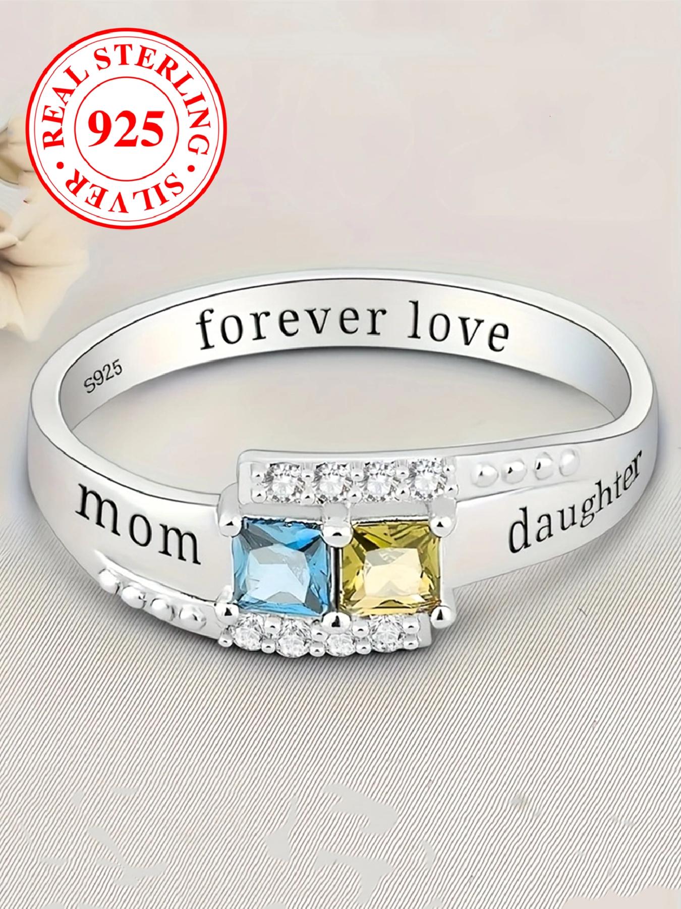 S925 Sterling Silver Ring, Fashionable Mom Daughter Engraved Lettering Jewelry, Casual Style Engagement Ring Exquisite Birthday Anniversary Gifts（with Box）, Mother Daughter Ring, Forever Love Ring
