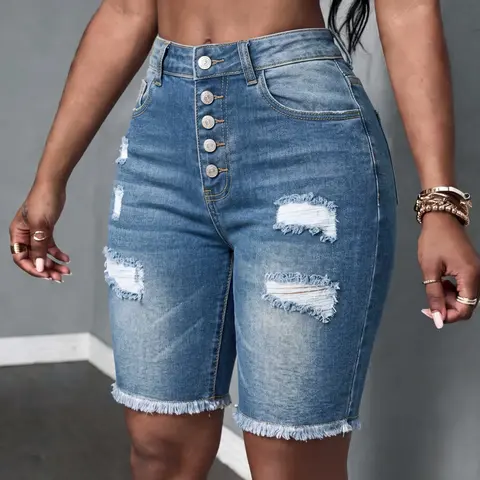 American Street Style Ripped Button Front Medium Wash Denim Fabric Five-Pocket Shorts Bottoms, High Fit Elastic Comfort Durable Streetwear Daily Casual Shorts