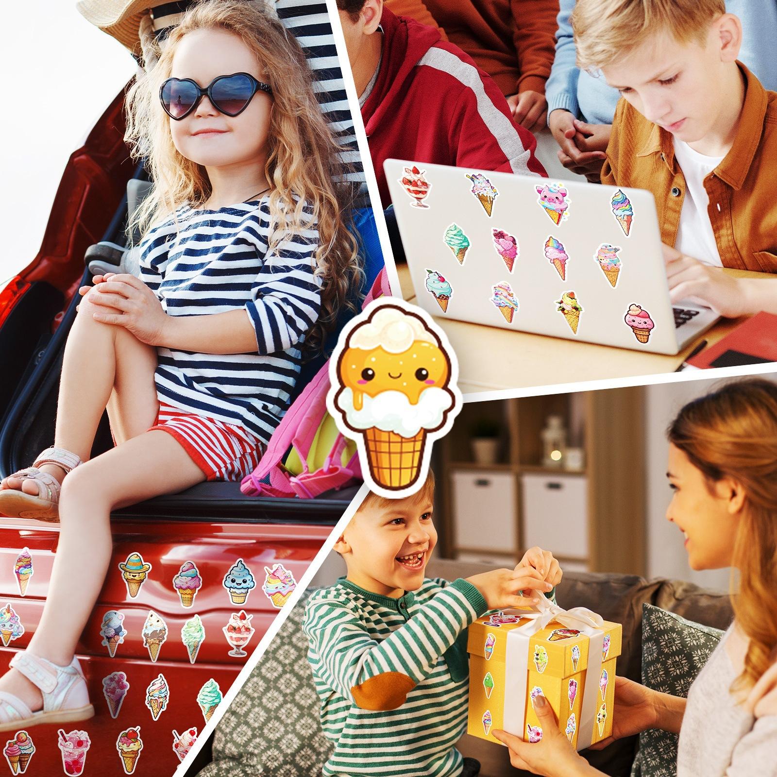 50 sheets colorful ice cream cone stickers, featuring an Instagram-inspired summer theme, showcasing cute designs of chocolate ice cream cones and graffiti-style stickers