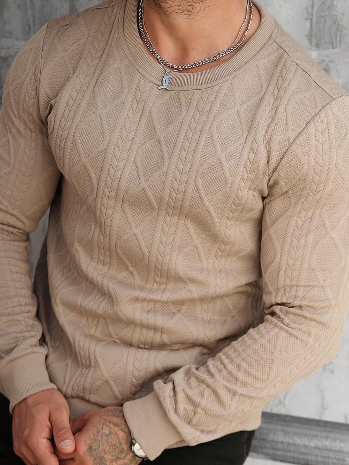 2026 Trendy Men's Beige Cable Knit Diamond Pattern Sweatshirt Long Sleeves | Slim-Fit Stylish Casual Pullover for Daily & Street Wear