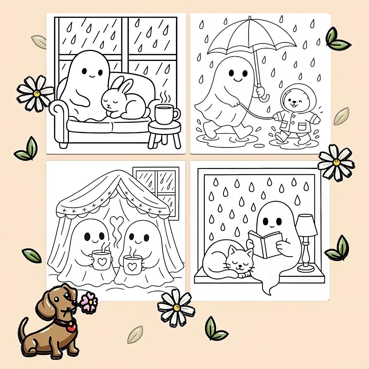 Bold & Easy Rainy Day Friends Cute & Cozy Coloring Book for Kids & Adults, 22 Coloring Pages on 120gsm Thick No Bleed Paper, Odorless Glue Binding, Stress Relief Easy Coloring for All Ages