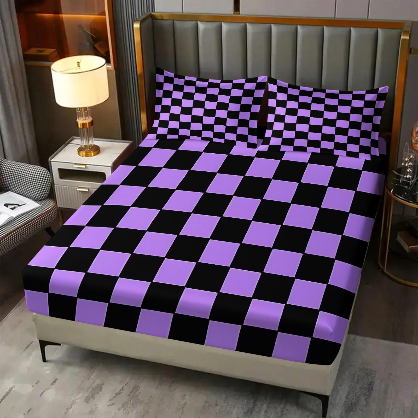 3 Pcs Geometric Plaid Print Fitted Sheet Set, Modern Minimalist Bedding Set, Soft Breathable Microfiber with HD Digital Print, Deep Pocket & Wrinkle Resistant, Ideal for Bedroom, Dorm, Guest Room, All Season Use