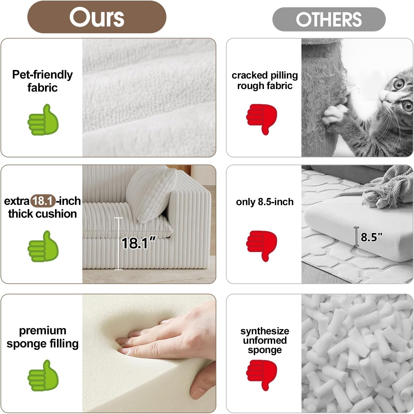 118" Corduroy Modular Sectional Sofa Couch, Oversized 3-Seater Cloud Boneless Couches with Removable Cushion & 2 Ottoman, No Assembly Required, U Shape Deep-Seat Fluffy Couches for Living Room, Compression, Free Combination, Throw Pillow, Luxurious