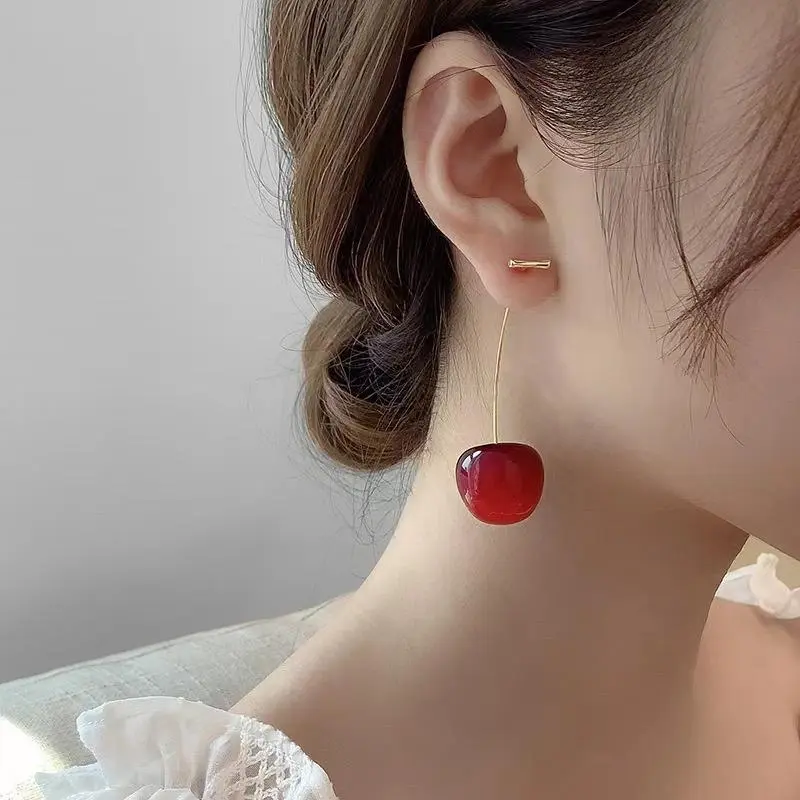 Cute 3D Cherry Drop Dangle Earrings Hypoallergenic Fruit Themed Stud Earrings Lovely Kawaii Sweet Jewelry for Women Teen Girls Daily Casual Party Vacation Outfit Decor Adorable Accessory to Brighten Up Your Look