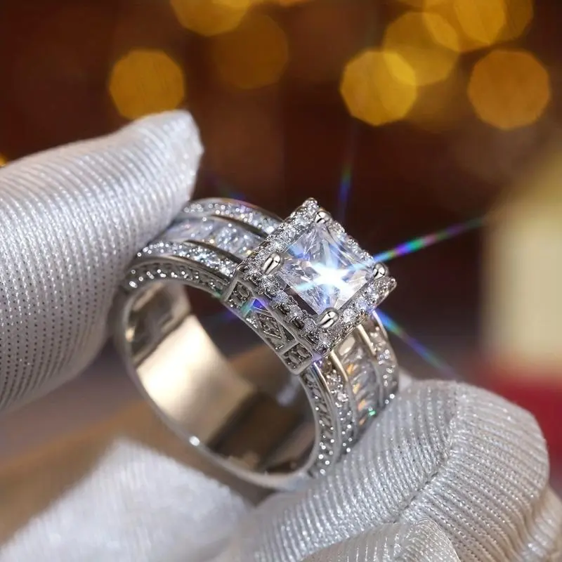 Women's Elegant Artificial Zircon Jewelry Ring - Square Cubic Zirconia Inlay, Photoready Sparkle, Non-Traditional Cubic Zirconia Engagement or Anniversary Gift Ring