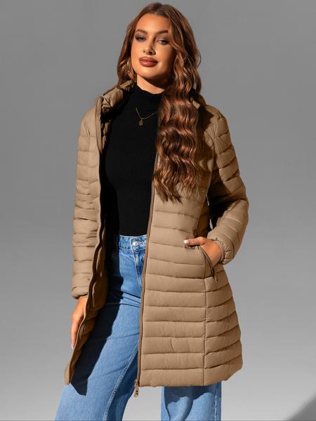 Women's Mid-Length pufferHooded Jacket with Zipper Pockets, Casual Plain Woven Fabric Coat for Fall & Winter Outdoor Commuting