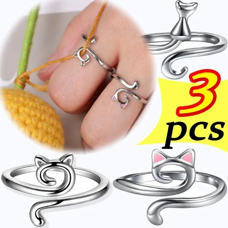 Cat Ear Crochet Ring for Crafters, Silver Alloy Metal Yarn Loop with Adjustable Size for Finger Protection, Handwear