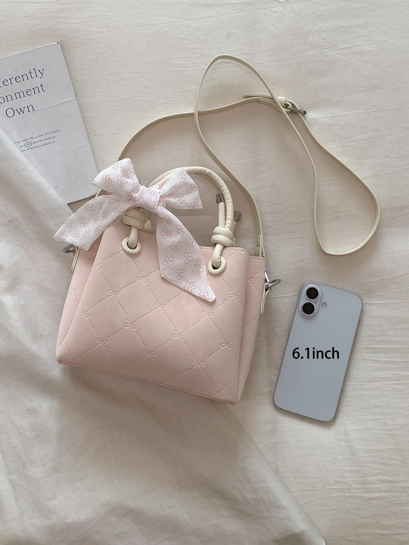 1Powder pink coach bag，Quilted Bucket Bag with Floral Bow Scarf | Dual-Tone Handle Crossbody Tote for Women | Ideal for Daily & Special Occasions