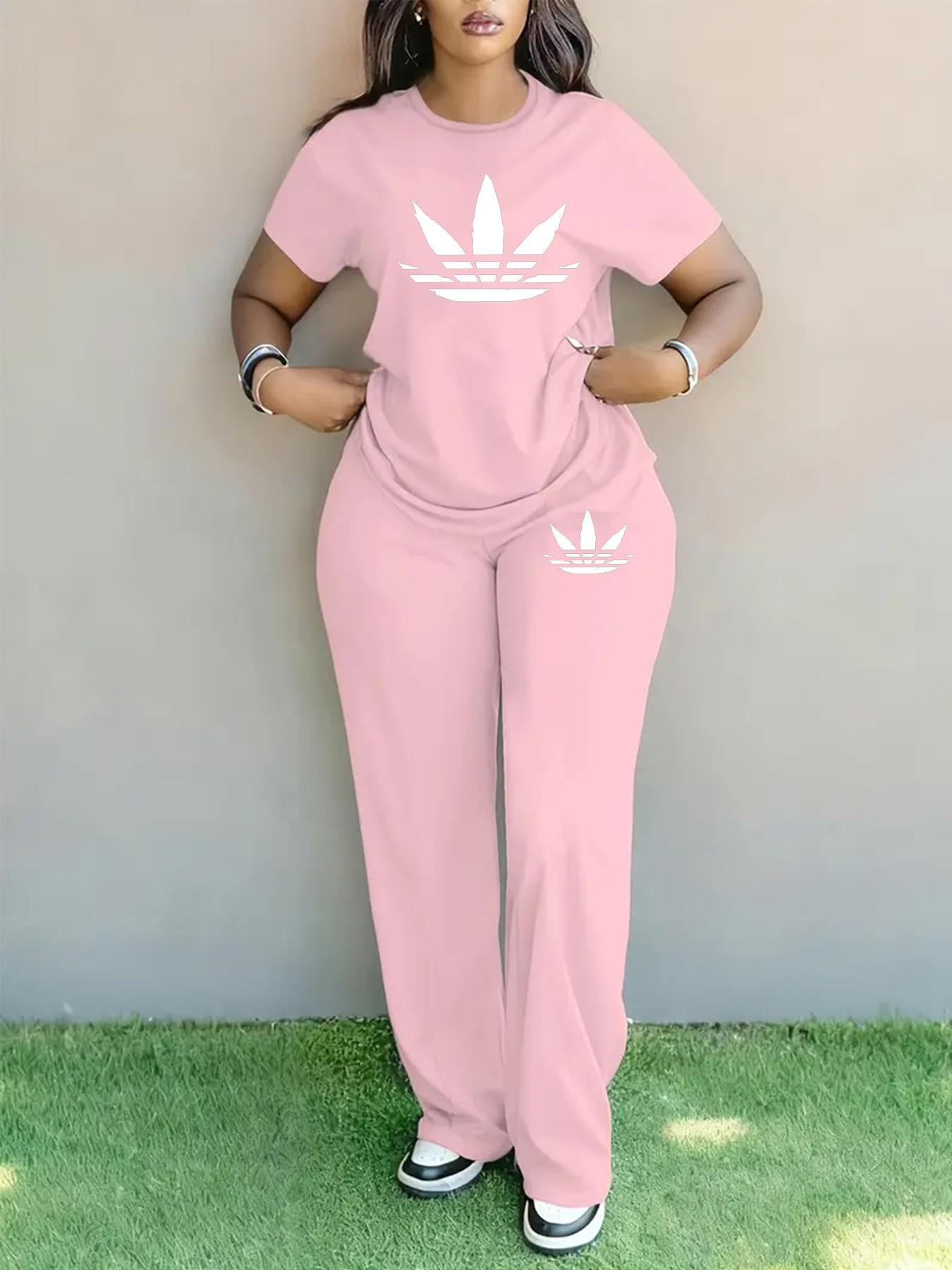 Women's Plus Size Spring Summer Fashion Print Round Neck Short Sleeve T-Shirt & Wide Leg Pants Two-Piece Set, Casual Pocket Design Women's Plus Size Spring Summer Fashion Print Round Neck Short Sleeve T-Shirt & Wide Leg Pants Two-Piece Set, Casual Pocket Design