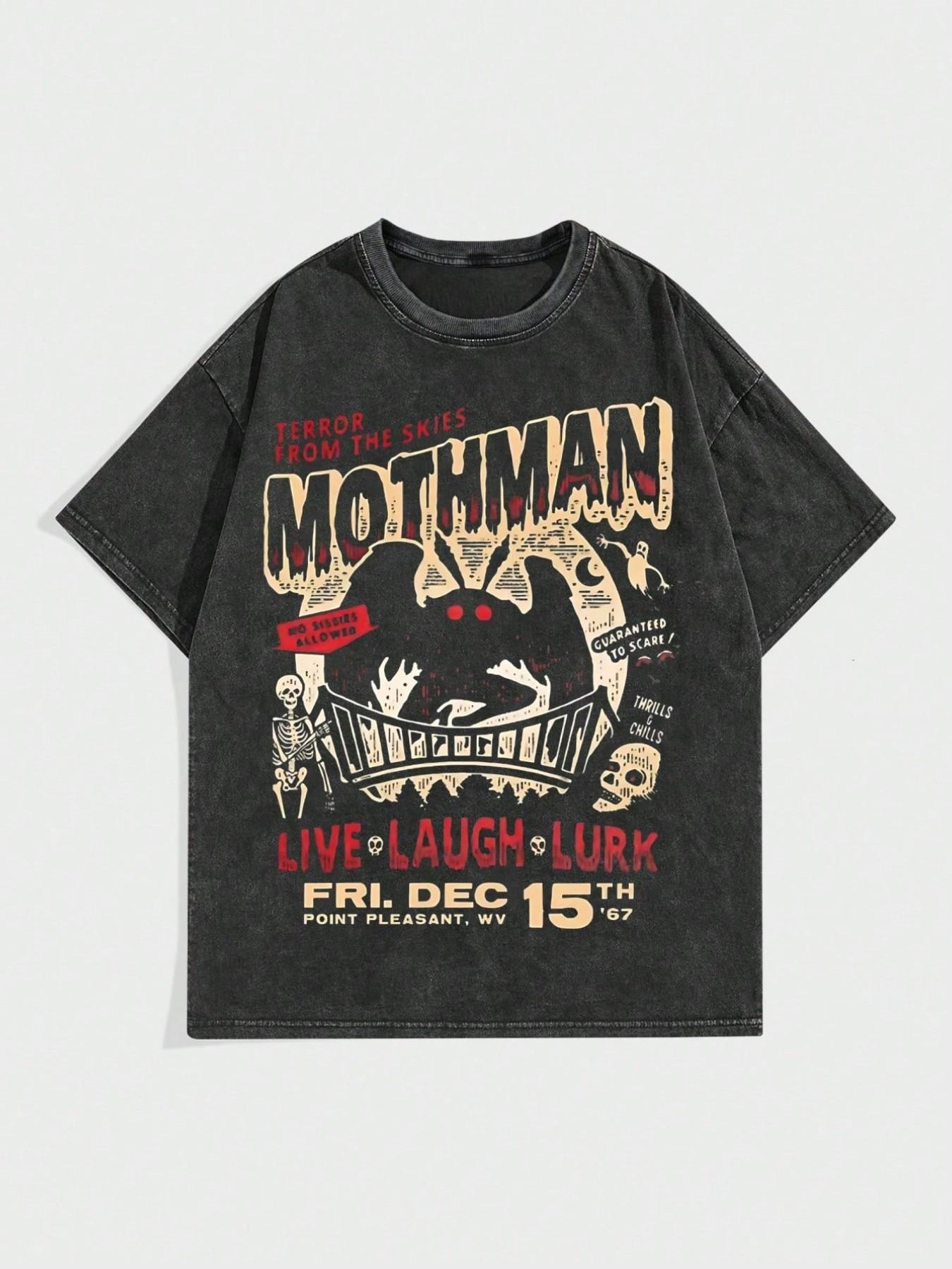Vintage Washed Loose Mothman Print T-Shirt, Distressed Mystery Legend Pattern Short Sleeve, Horror Style Streetwear