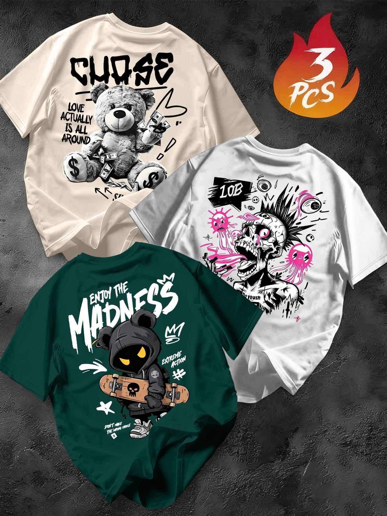 Men's 3-Pack Graffiti Round Neck Short Sleeve T-Shirts, Unique Cool Prints, Loose Fit, Casual Street Style, Streetwear, Daily Wear, Menswear