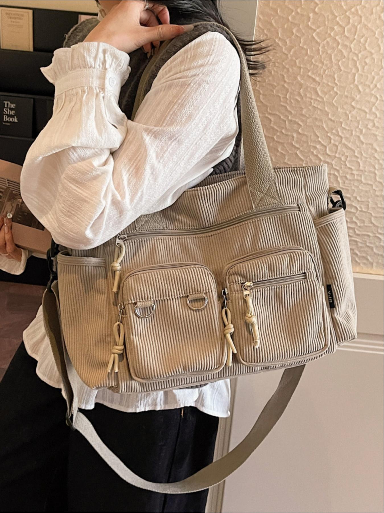 Corduroy multi-pocket large-capacity tote bag, Commuter Tote Bag, casual and versatile, suitable for shopping, school, work, commuting, and everyday accessories Corduroy multi-pocket large-capacity tote bag, Commuter Tote Bag, casual and versatile, suitable for shopping, school, work, commuting, and everyday accessories