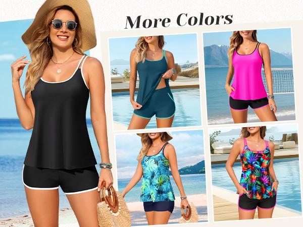 Tempt Me Tankini Swimsuits with Shorts - Two Piece Tummy Control Flowy Bathing Suits Top with Two Pockets Boy Shorts