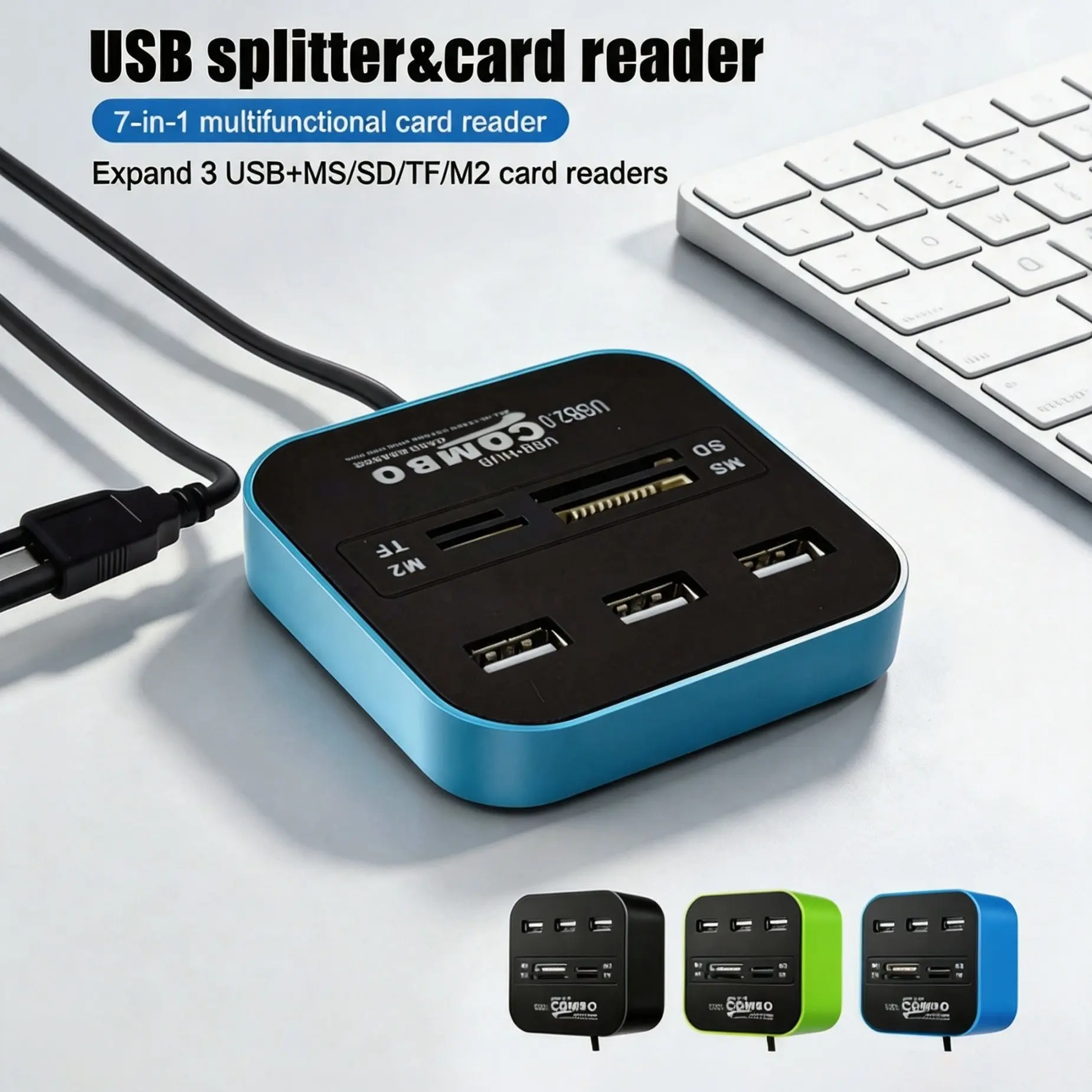 7-In-1 USB 2.0 Card Reader HUB, 3 USB Ports + Ms/SD/TF/m2 Multi-Card Reader, Full Function Data Transfer Adapter USB Splitter for Laptop for Computers and Laptops
