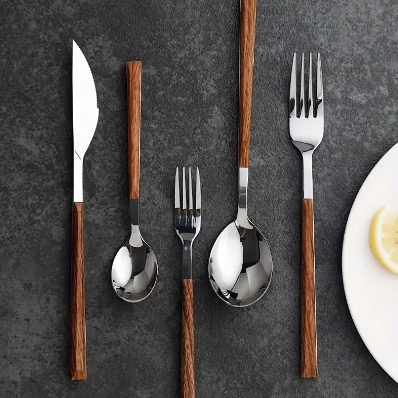 20/40 Piece Silver Color Cutlery Set, Wood Grain Handles, Stainless Steel, Dishwasher Safe, Durable Kitchen Utensils, Fork Knife Spoon Set