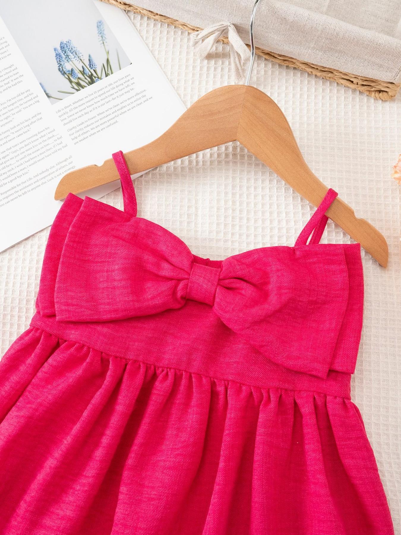 Girls' Summer Sleeveless Dress, Front Embellished with Large Butterfly Knot, Thin Shoulder Straps Design, Sweet Fresh Style, Suitable for Ages 3-8