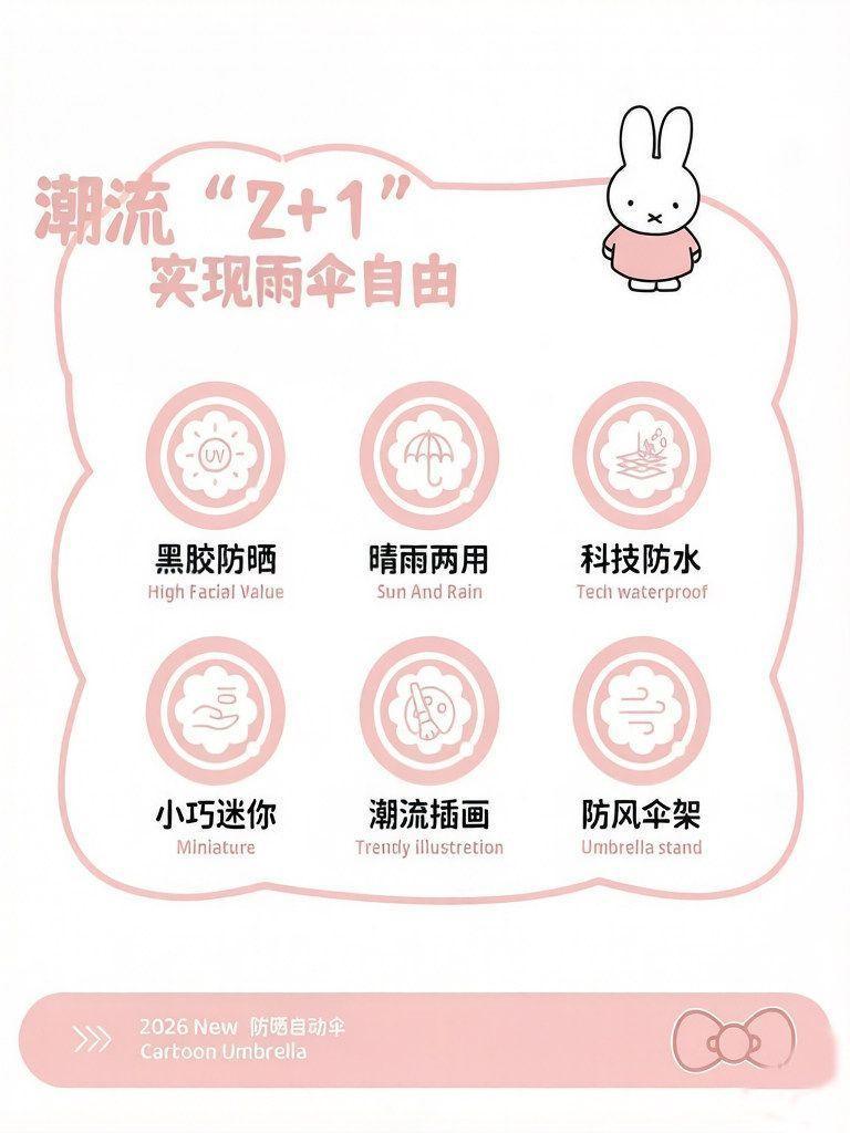 Miffy Cute UV Protection Umbrella Foldable Parasol Coating Double-Sided Anti-UV Sun & Rain Pink Kawaii Gift for Women & Girls
