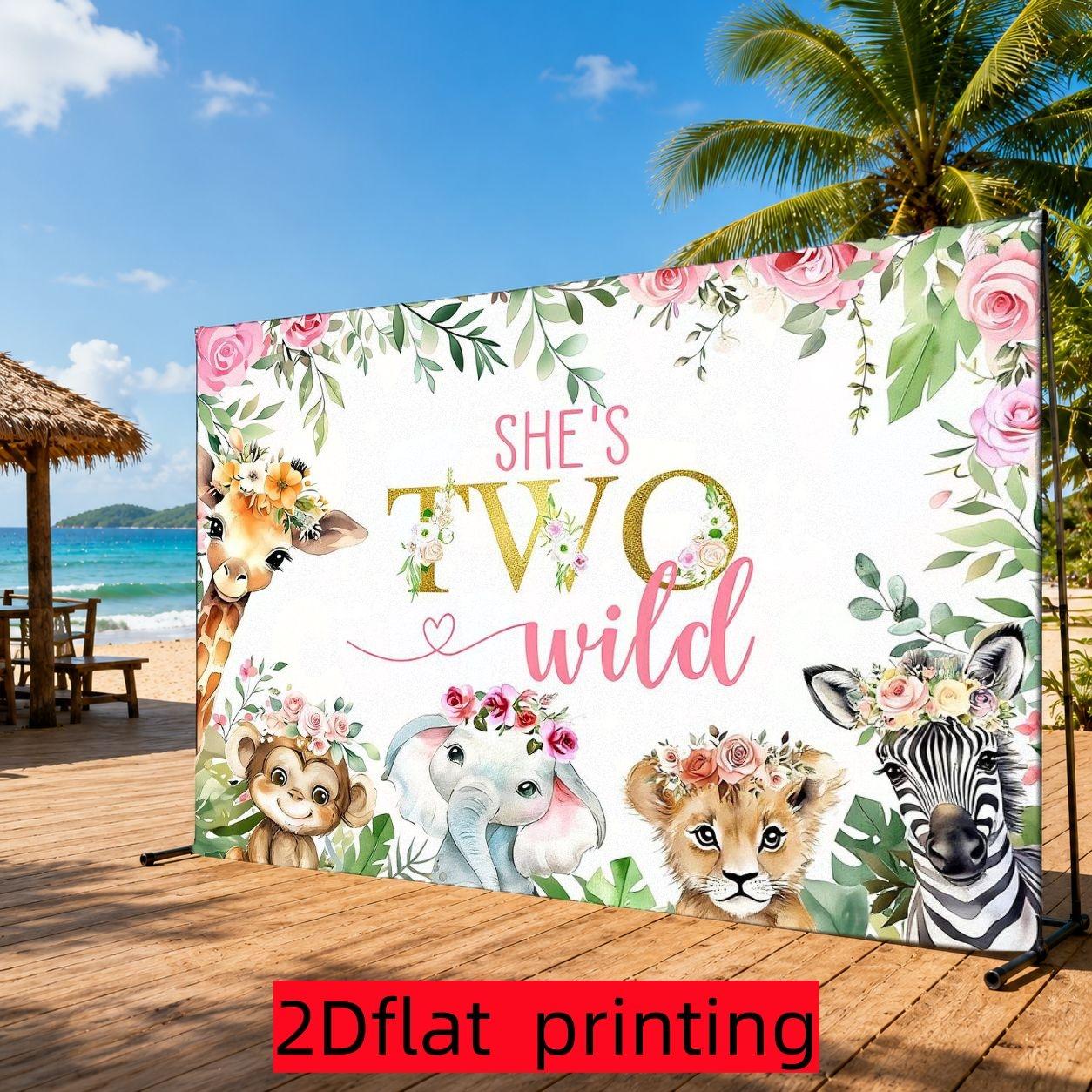 2D Flat 1PC Polyester She's Two Wild Backdrop Safari Animal Watercolor Floral Decor for Indoor & Outdoor Themed Party, Jungle Gathering, Photo Booth, Wall Decor, Home Decoration, Event Background, Available in Multiple Sizes
