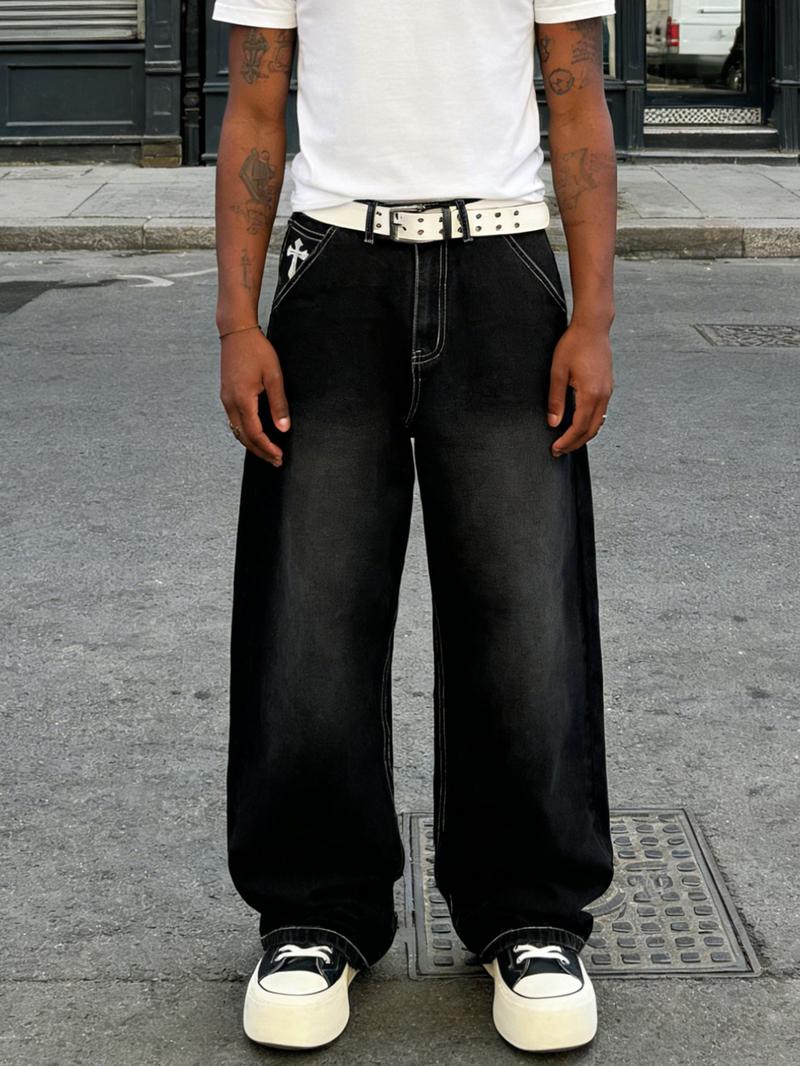 Pocket Embroidered Loose-Fitting Wide-Leg Jeans, Y2K Street Retro Trendy Denim Jeans, All Seasons Fashion for Unique Style