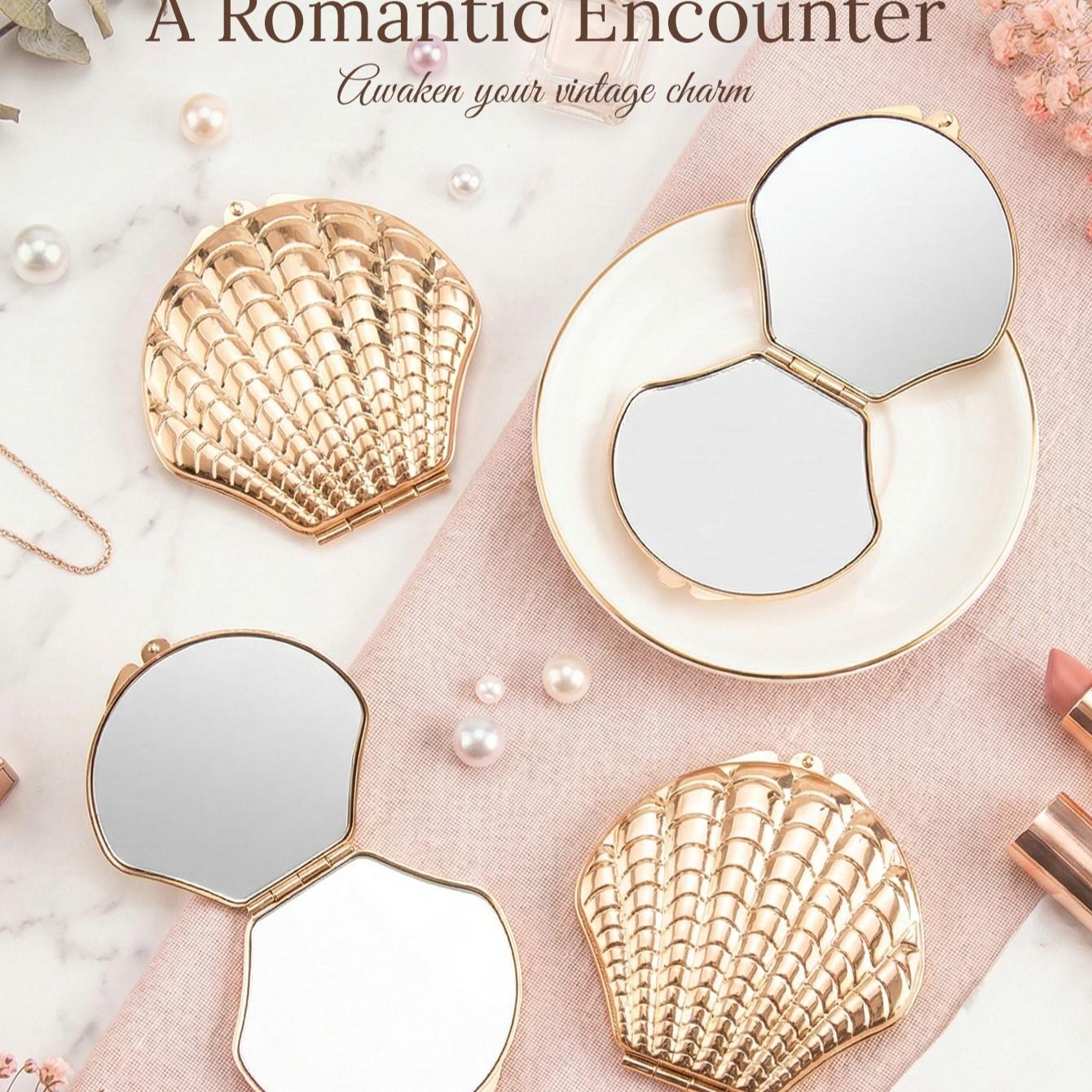 Shell Shape Dual-Sided Makeup Mirror, Silver Color Options, Portable Anti-Shock, Perfect Gift for Women, Ideal for Holidays