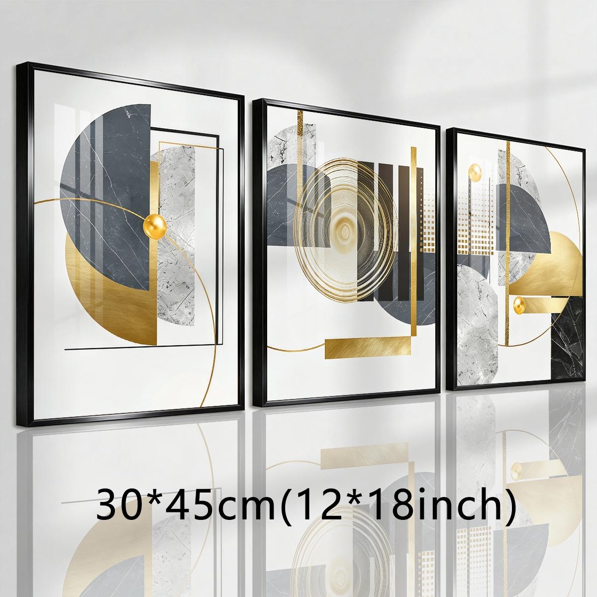 3 Counts Aluminum Alloy Framed Painting, Geometric Gold And Grey Abstract Art, Home Decoration For Living Room, Bedroom, Office, Restaurant, Hallway Wall Decor, Odorless Print Artwork, Luxury Perfect Gift For Friends And Family