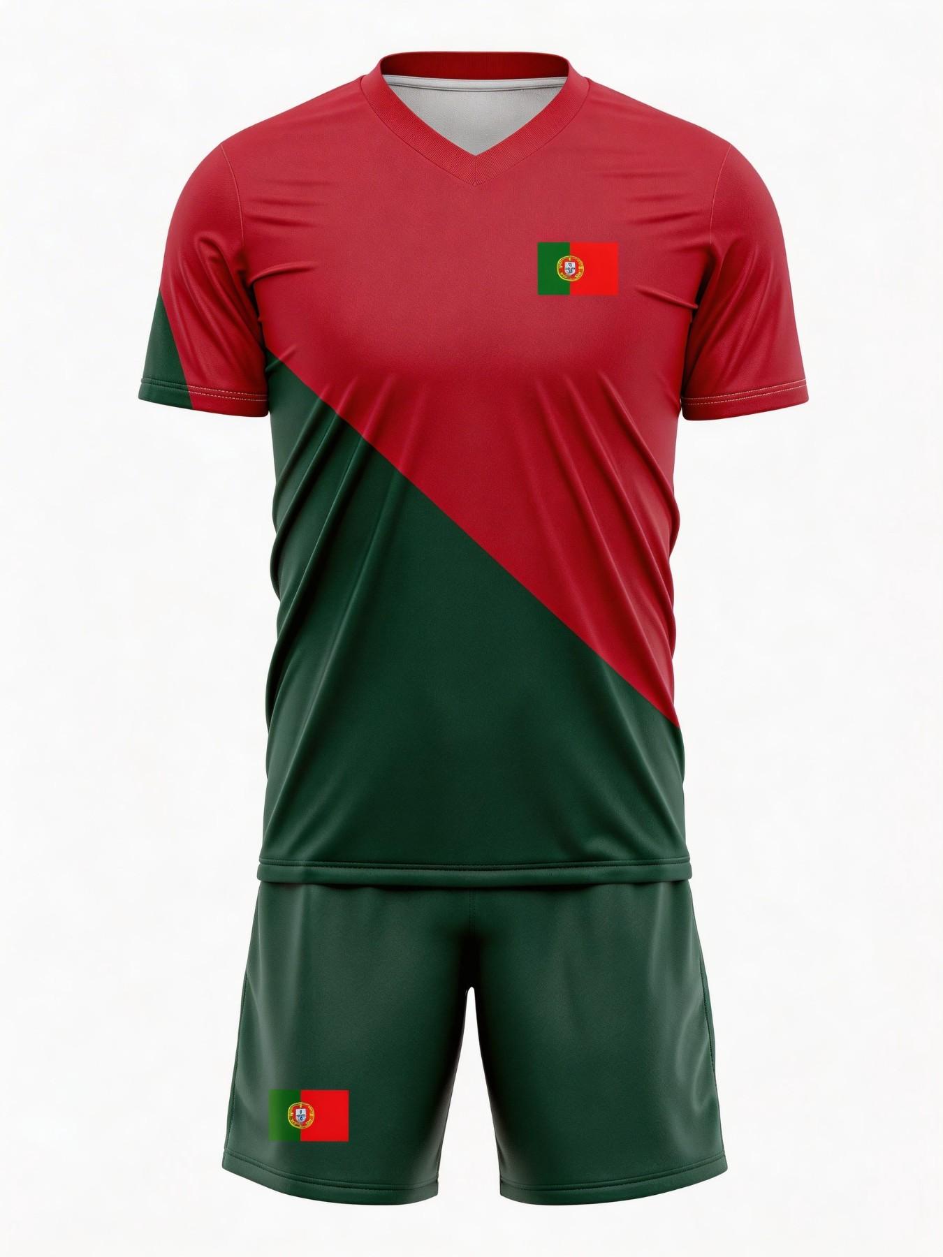 Men's Classic Colorblock Portugal Football Suit Set, Quick-Dry Breathable Training Match Jersey, Adult Team Uniform