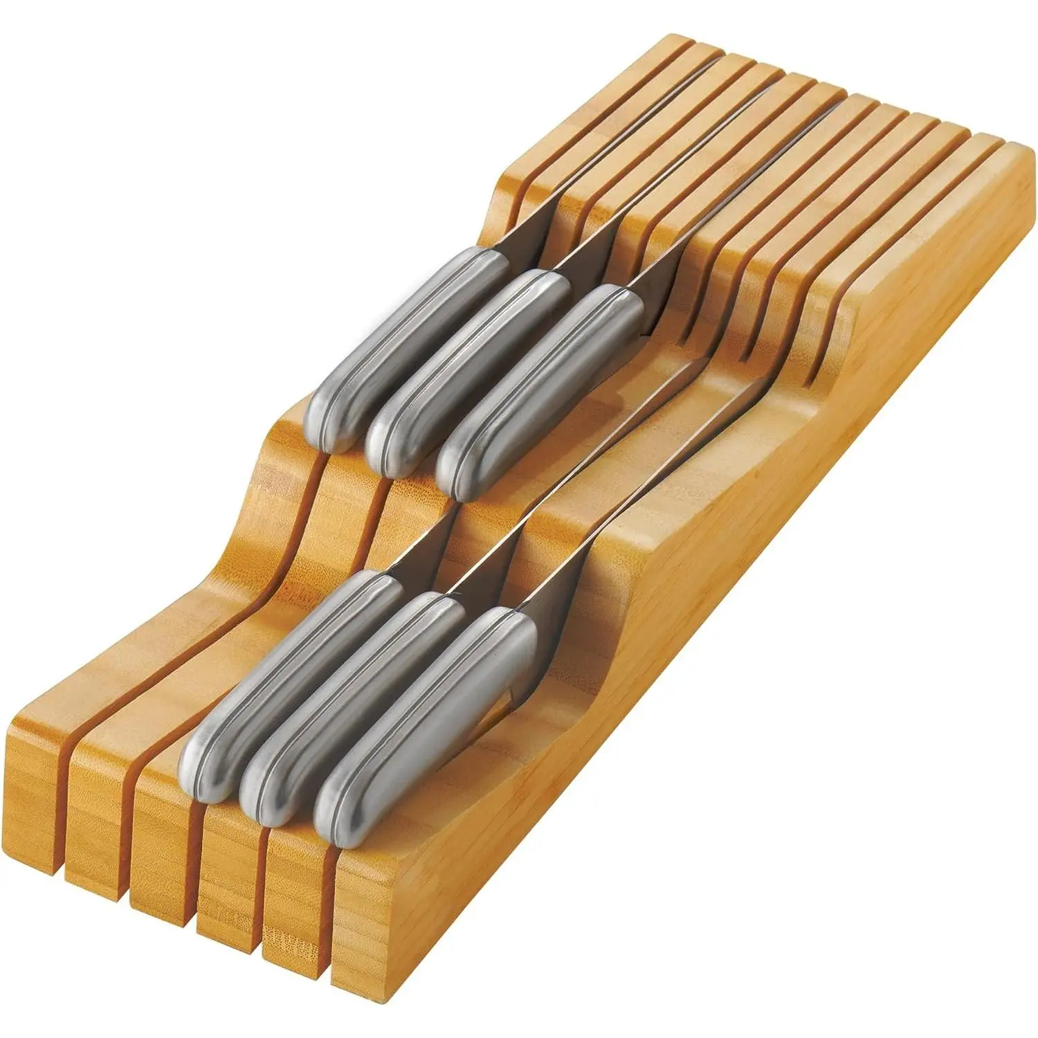 Knife Drawer Organizer, 16 Slot Bamboo Wood In-Drawer Knife Block Holder Blade Down Safe Knife Storage, Keeps Knives Sharp, Fits Standard Kitchen Drawers, Holds Chef & Steak Knives, No Assembly