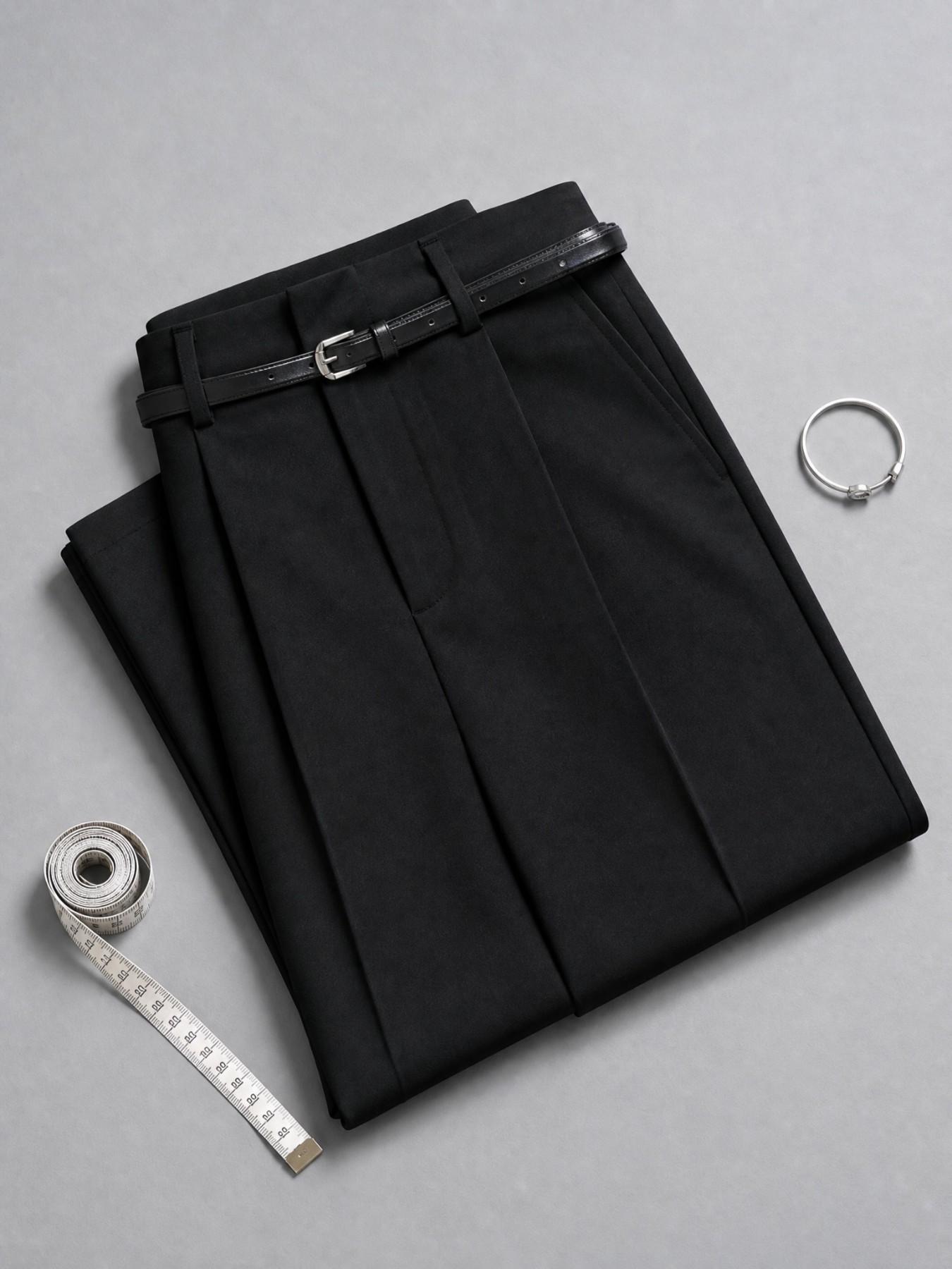 New Women's High-Waisted Wide-Leg Suit Pants, Button Pleated Design with Belt, Casual Elegant Comfortable Style for Daily Commute