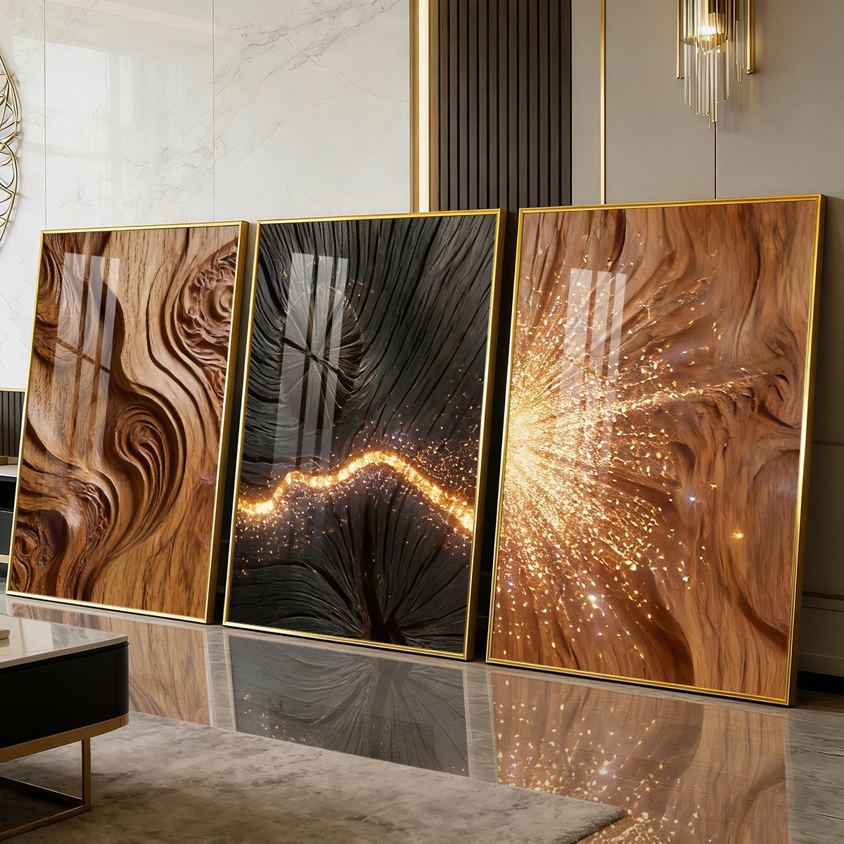 3 Counts Aluminum Alloy Framed Painting, Abstract Wood Texture And Golden Spark Art Pictures, Home Decoration For Living Room, Bedroom, Office, Restaurant, Hallway Wall Decor, Odorless Print Artwork, Luxury Perfect Gift For Friends And Family