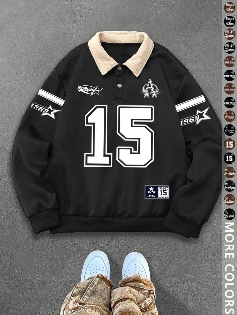 Unisex Y2K Style New York Letter Print Polo Sweatshirt, Thick Retro British Aesthetic Lamb Wool Collar Pullover for Streetwear Casual Wear