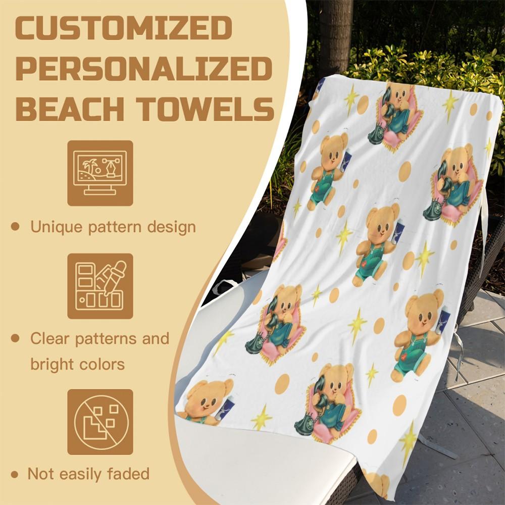 Cute Cartoon Bear Print Beach Towel, Japanese Style Kawaii Teddy Bear with Polka Dots Stars Hearts Pattern, Soft Microfiber Oversized Quick Dry Sand Free Absorbent Towel for Beach, Pool, Swimming, Travel, Camping and Yoga, Japanese Cute Aesthetic Beach Ac