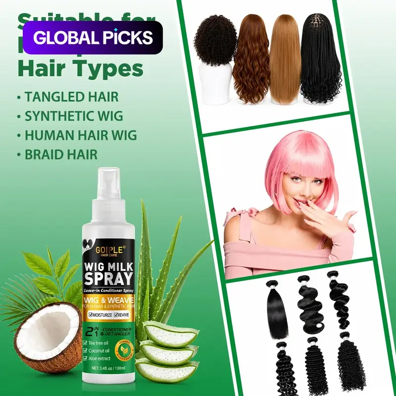 【Black Friday】3.4oz Wig Milk Spray, Haircare, Moisturizing Reviving Anti-Frizz Care Spray for Human Hair Wigs, Synthetic Weaves & Extensions, Long-Lasting No Wash Care, Coconut Oil & Castor Oil, Suitable for Men & Women, Chemically Processed Hair