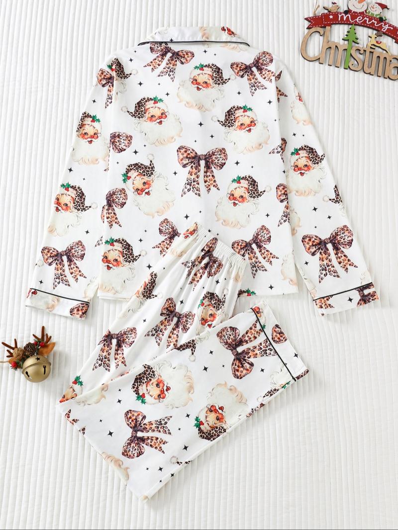 Women's Christmas Leopard Santa Claus Pajama Set, Long Sleeve Sleepwear & Pants, Elegant Fitted Nightwear for All Seasons
