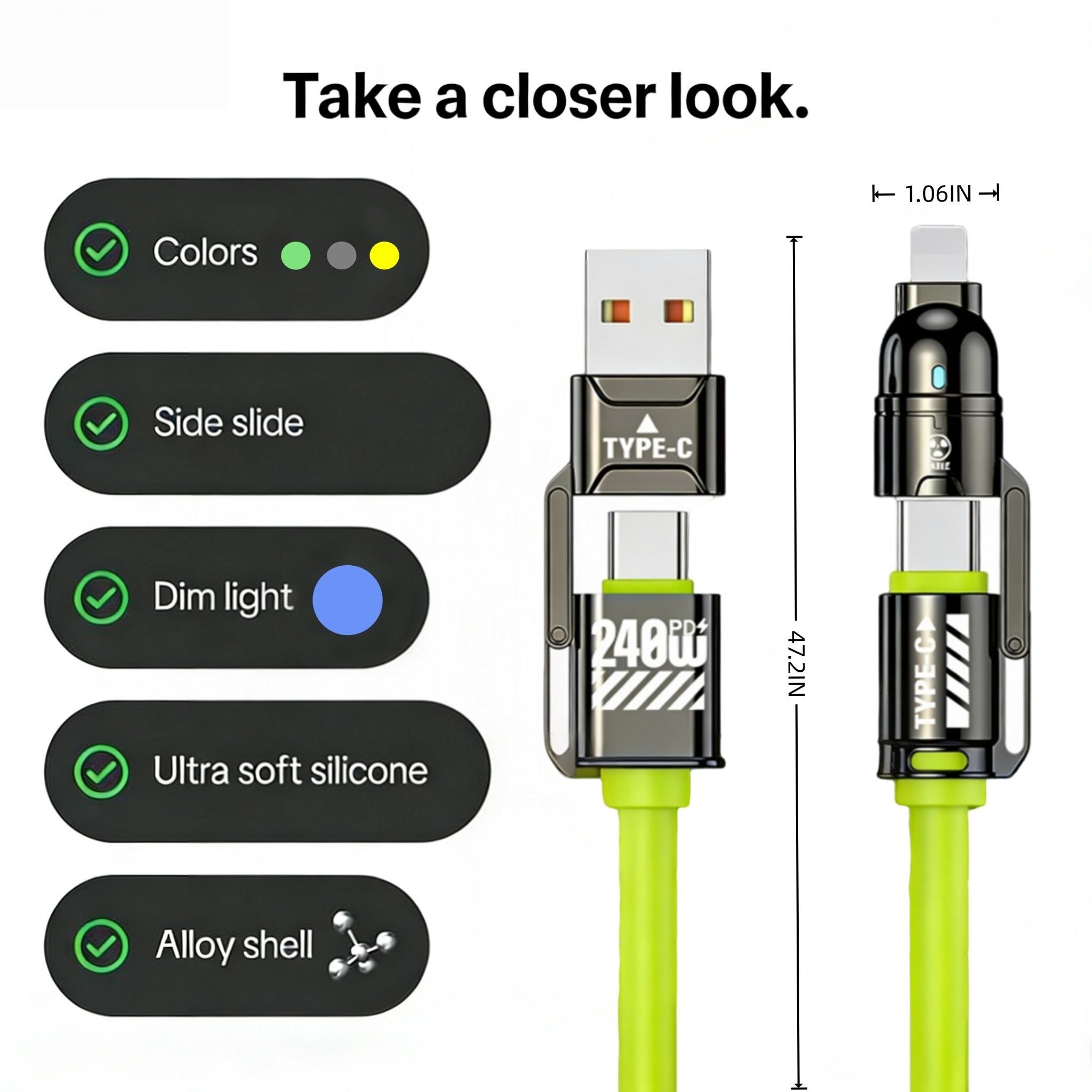 Car Accessories 4-In-1 Multi USB Charger Cable, Supports USB A, Type C, Lightning, 240w Fast Charging, Compatible with iPhone 16/15, iPad Pro, Samsung, Laptops